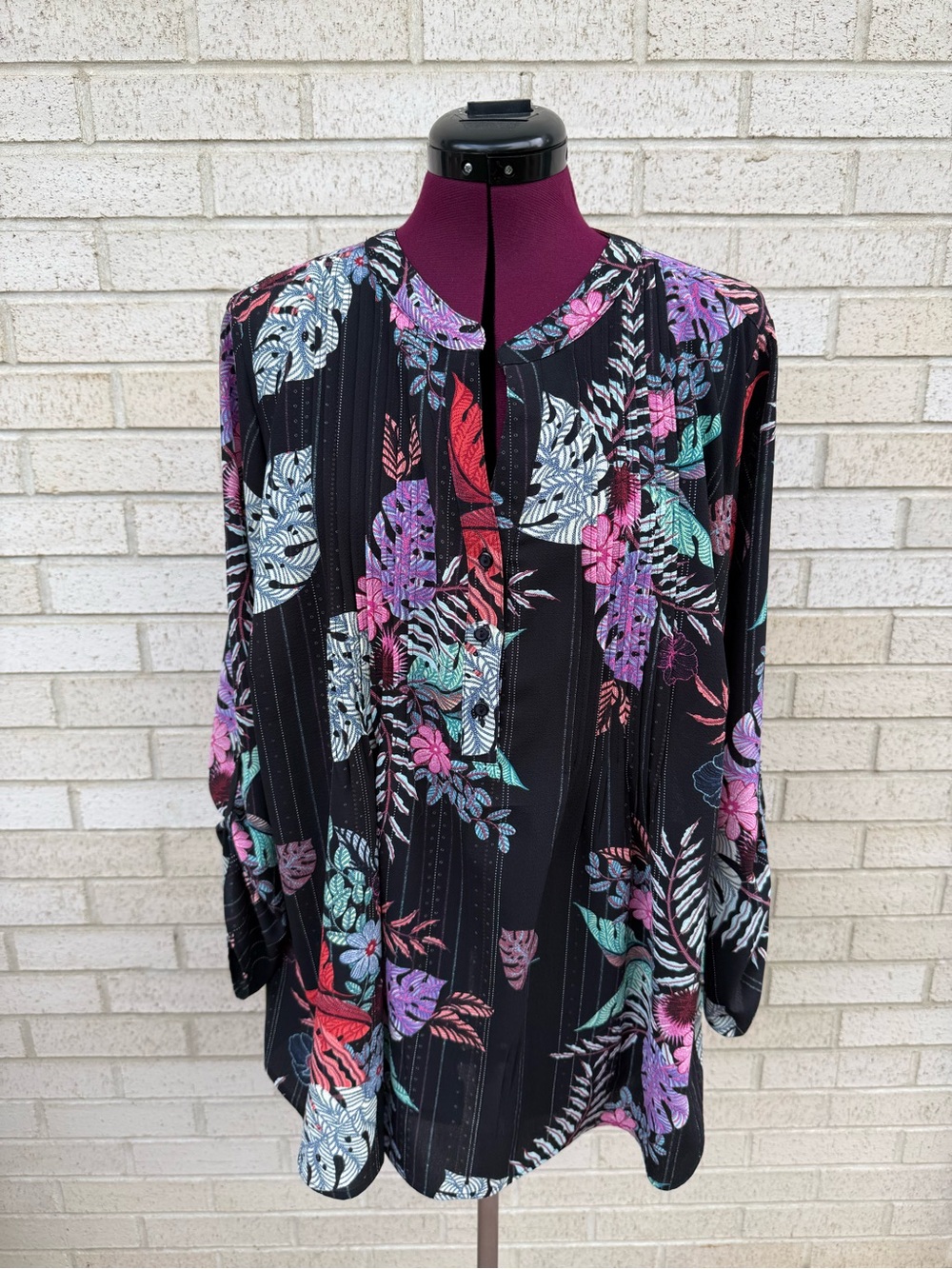 Studio Works Black Floral Blouse 3/4 Sleeves Pink, Purple, Teal Green Size 2X